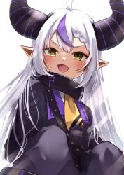Rule 34 | 1girl, ahoge, ascot, black horns, braid, braided bangs, collar, fang, grey hair, highres, hololive, horns, la+ darknesss, la+ darknesss (1st costume), long hair, looking at viewer, metal collar, multicolored hair, nyuyosuke o shigoto boshuuchu, open mouth, pointy ears, purple hair, skin fang, sleeves past fingers, sleeves past wrists, smile, solo, streaked hair, striped horns, virtual youtuber, yellow ascot, yellow eyes