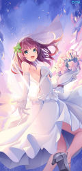 Rule 34 | 1girl, :d, angel beats!, backless dress, backless outfit, backlighting, blue sky, bouquet, bow, breasts, bridal veil, day, dress, floating hair, flower, from side, green bow, green eyes, grey footwear, hair bow, high heels, highres, holding, holding bouquet, long dress, long hair, looking at viewer, medium breasts, minoominoomi, open mouth, outdoors, pumps, purple hair, sideboob, sky, sleeveless, sleeveless dress, smile, solo, standing, strapless, strapless dress, veil, wedding dress, white dress, white flower, yuri (angel beats!)