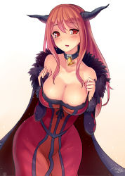 Rule 34 | 10s, 1girl, bad id, bad pixiv id, bell, neck bell, blush, breasts, collar, dress, fur trim, horns, large breasts, long hair, maou (maoyuu), maoyuu maou yuusha, red eyes, red hair, solo, undressing, walzrj