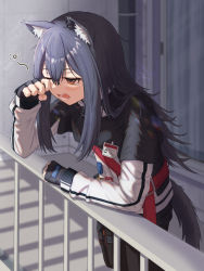 Rule 34 | 1girl, against railing, animal ears, arknights, arm support, balcony, black capelet, black gloves, black hair, black pantyhose, blush, capelet, character name, clothes writing, day, fang, feet out of frame, fingerless gloves, gloves, highres, id card, jacket, leaning forward, long hair, long sleeves, one eye closed, outdoors, pantyhose, railing, shironekoban, solo, standing, sunlight, tail, tears, texas (arknights), waking up, white jacket, wiping tears, wolf ears, wolf girl, wolf tail