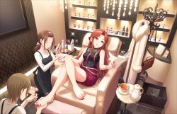Rule 34 | barefoot, blush, brown eyes, brown hair, dress, feet, holding with feet, hands on feet, idolmaster, idolmaster cinderella girls, idolmaster cinderella girls starlight stage, long hair, official art, smile, toes, zaizen tokiko