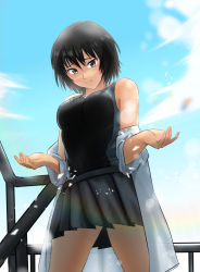 Rule 34 | 1girl, amagami, black eyes, black hair, black one-piece swimsuit, blouse, breasts, closed mouth, cloud, cloudy sky, competition swimsuit, highres, light rays, looking at viewer, medium breasts, nanasaki ai, one-piece swimsuit, open clothes, open shirt, outdoors, short hair, skirt, sky, smile, solo, swimsuit, swimsuit under clothes, undressing, yoo tenchi