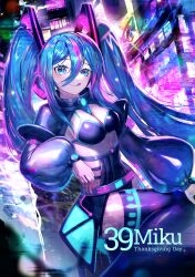 1girl 39 black_thighhighs blue_eyes blue_hair breasts building character_name cyberpunk dot_nose english_text eyelashes glitch glowing hatsune_miku highres kozou_kazaru long_sleeves medium_breasts miku_day multicolored_hair pink_hair puffy_long_sleeves puffy_sleeves revealing_clothes sleeves_past_wrists smile solo streaked_hair thighhighs tongue two-tone_hair vocaloid