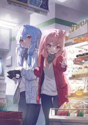 Rule 34 | 2girls, black pants, blue hair, blush, closed mouth, coat, convenience store, fang, food, grey scarf, hair between eyes, highres, kotonoha akane, kotonoha aoi, long hair, long sleeves, multiple girls, noise, one side up, open clothes, open coat, open mouth, orange eyes, pants, pink hair, pointing, pudding, red coat, scarf, shop, siblings, sisters, sweater, twins, voiceroid, white coat, white sweater, yamamomo (plank)