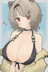 Rule 34 | 1girl, absinthe (arknights), alternate costume, animal ears, arknights, bare shoulders, bear ears, bikini, black bikini, black hairband, breasts, commentary, front-tie bikini top, front-tie top, grey hair, hairband, heart, highres, jacket, large breasts, long sleeves, looking at viewer, off shoulder, open clothes, open jacket, red eyes, short hair, solo, swimsuit, upper body, yellow jacket, zero pancake