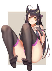 Rule 34 | 1girl, animal ear fluff, animal ears, bad id, bad pixiv id, black hair, black thighhighs, breasts, bridal gauntlets, collarbone, covered erect nipples, feet, full body, gongba laoge, hair ornament, hair ribbon, hairclip, halterneck, highres, knees up, large breasts, long hair, looking at viewer, no shoes, original, outdoors, parted lips, purple ribbon, ribbon, sideboob, simple background, sitting, skull hair ornament, soles, solo, thighhighs, toes, very long hair, white background, yellow eyes