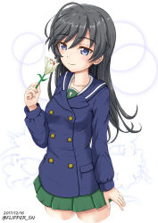 Rule 34 | 10s, 1girl, ahoge, arm at side, bad id, bad pixiv id, black hair, blue eyes, blue jacket, blue skirt, blush, breasts, bright pupils, buttons, closed mouth, collarbone, cowboy shot, cropped legs, dated, double-breasted, flipper, floral background, flower, flower request, girls und panzer, holding, holding flower, isuzu hana, jacket, lily (flower), long hair, long sleeves, looking at viewer, miniskirt, nail polish, ooarai school uniform, pleated skirt, school uniform, skirt, small breasts, smile, solo, standing, tareme, twitter username, white nails