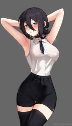 Rule 34 | 1girl, absurdres, armpits, arms behind head, arms up, artist name, bare shoulders, black choker, black hair, black shorts, black thighhighs, blush, breasts, chainsaw man, choker, closed mouth, covered erect nipples, green eyes, grey background, high-waist shorts, highres, hioyami, large breasts, looking at viewer, medium breasts, neck ribbon, nipples, reze (chainsaw man), ribbon, seductive smile, see-through, see-through shirt, shirt, shirt tucked in, short hair, shorts, simple background, sleeveless, sleeveless shirt, smile, solo, thigh gap, thighhighs, thighs, white shirt, wide hips