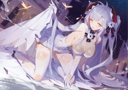Rule 34 | 1girl, absurdres, azur lane, blush, breasts, bridal gauntlets, bridal veil, bug, cleavage, cross, dragonfly, dress, gloves, headgear, helic (7317helic), highres, insect, iron cross, large breasts, leaning forward, long hair, looking at viewer, multicolored hair, night, night sky, open mouth, outdoors, prinz eugen (azur lane), prinz eugen (symphonic fate) (azur lane), red hair, silver hair, sky, solo, streaked hair, thighhighs, two-tone hair, two side up, veil, veil removed, very long hair, water, wedding dress, white dress, white gloves, white thighhighs, yellow eyes