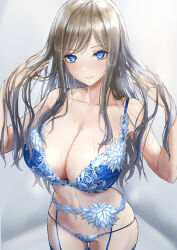 Rule 34 | 1girl, absurdres, animification, blue bra, blue eyes, blue garter belt, blue garter straps, blue panties, blush, bra, breasts, cleavage, closed mouth, collarbone, commentary request, grey background, grey hair, hands in hair, hands up, highres, large breasts, lingerie, long hair, looking at viewer, navel, panties, real life, ruri (model), smile, solo, torishu (kumataka 4867), underwear