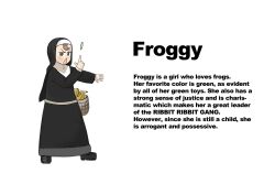 Rule 34 | 1girl, banana, basket, black footwear, brown eyes, brown hair, character profile, diva (hyxpk), english text, food, froggy nun (diva), fruit, habit, highres, little nuns (diva), nun, simple background, solo, triangle mouth, white background