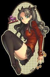 Rule 34 | 00s, 1girl, black hair, black thighhighs, fate/stay night, fate (series), green eyes, hair ribbon, kkuem, loafers, long hair, long legs, long sleeves, miniskirt, pleated skirt, ribbon, shoes, signature, skirt, solo, thighhighs, tohsaka rin, transparent background, twintails, two side up, type-moon, zettai ryouiki