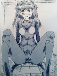 Rule 34 | 1girl, absurdres, arm support, ass, bodysuit, breasts, cameltoe, cowboy shot, embarrassed, eywy4324, hair between eyes, highres, long hair, looking at viewer, monochrome, neon genesis evangelion, photo (medium), plugsuit, simple background, sitting, small breasts, smile, solo, souryuu asuka langley, spread legs, thighs, traditional media, two side up, very long hair, view between legs
