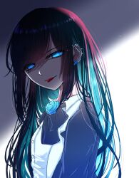 Rule 34 | 1girl, ado (utaite), barbell piercing, black bow, black bowtie, black hair, black jacket, blue eyes, blue flower, blue hair, bow, bowtie, chando (ado), collared shirt, colored inner hair, commentary, ear piercing, earrings, flower, glowing, glowing eyes, highres, industrial piercing, jacket, jewelry, light blue hair, light particles, long hair, looking at viewer, multicolored hair, niconico, piercing, shade, shadow, shirt, shoko (gs music11), sidelocks, solo, spiked ear piercing, stud earrings, swept bangs, tongue, tongue out, tongue piercing, upper body, utaite, white shirt