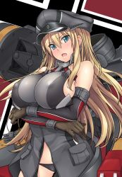 Rule 34 | 10s, 1girl, bare shoulders, bismarck (kancolle), blonde hair, blue eyes, blush, breast hold, breasts, covered erect nipples, detached sleeves, female focus, gloves, hat, kantai collection, large breasts, long hair, looking at viewer, mecha musume, military, military hat, military uniform, open mouth, peaked cap, satou samu, simple background, solo, standing, underwear, uniform