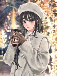 Rule 34 | 1girl, absurdres, beret, black hair, blue eyes, blurry, blurry background, blush, coat, cup, disposable cup, gloves, hair over shoulder, hair ribbon, hat, highres, holding, holding cup, lights, long hair, looking at viewer, outdoors, parted lips, ponkan 8, red lips, red ribbon, ribbon, solo, upper body, white coat, white hat, yahari ore no seishun lovecome wa machigatteiru., yukinoshita yukino