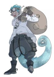 Rule 34 | 1boy, aqua hair, arknights, bag, black footwear, carrying bag, chameleon tail, coat, colored sclera, dark-skinned male, dark skin, earrings, ethan (arknights), furry, furry male, gloves, grey sclera, jewelry, jiangmoluo, lizard tail, lizardman, male focus, nose tape, pointy ears, rubber gloves, simple background, solo, tail, tongue, tongue out, white background, white coat, white eyes