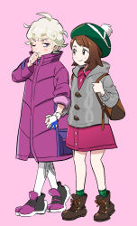 Rule 34 | 1boy, 1girl, ahoge, backpack, bad id, bad twitter id, bag, bede (pokemon), blonde hair, blush stickers, boots, brown bag, brown eyes, brown footwear, brown hair, buttons, cable knit, cardigan, closed mouth, coat, collared dress, commentary request, creatures (company), curly hair, dede (qwea 00000), dress, game freak, gloria (pokemon), gloves, green headwear, grey cardigan, hand up, hat, highres, holding hands, holding strap, hooded cardigan, korean commentary, leggings, long sleeves, nintendo, one eye closed, pink dress, plaid, plaid legwear, pokemon, pokemon swsh, purple coat, purple eyes, purple footwear, shoes, socks, standing, tam o&#039; shanter