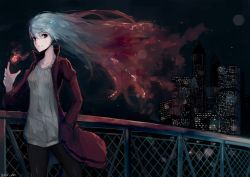 Rule 34 | 1girl, alternate costume, chain-link fence, city, city lights, cityscape, coat, contemporary, fence, fire, fire, fujiwara no mokou, grey hair, long hair, rean (r ean), red eyes, red hair, solo, touhou