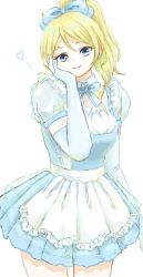 Rule 34 | 1girl, apron, aqua bow, aqua dress, aqua skirt, artist name, artist request, ayase eli, blonde hair, blue eyes, blush, bow, breasts, collared dress, dress, elbow gloves, female focus, frilled apron, frilled dress, frilled shirt collar, frills, gloves, hair between eyes, hair bow, hand on own cheek, hand on own face, heart, heart (symbol), high ponytail, highres, long hair, looking at viewer, love live!, love live! school idol project, miniskirt, parted lips, plaid, plaid dress, plaid skirt, pleated, pleated dress, pleated skirt, ponytail, puffy short sleeves, puffy sleeves, short hair, short sleeves, skirt, smile, solo, white apron, white background, white gloves, wing collar