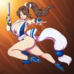 Rule 34 | 1girl, absurdres, alternate color, artist name, ass, bare shoulders, black socks, breasts, brown background, brown eyes, brown hair, cleavage, collarbone, fatal fury, full body, gradient background, hair ornament, highres, japanese clothes, large breasts, leg up, legs, long hair, looking at viewer, matching hair/eyes, parted lips, ponytail, shiranui mai, sleeveless, socks, solo, soul addicted, the king of fighters