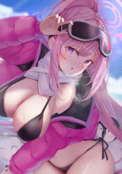 Rule 34 | 1girl, :o, absurdres, adjusting eyewear, bikini, bird, black bikini, blue archive, blush, breasts, breath, cleavage, day, doodle sensei (blue archive), down jacket, eimi (blue archive), eimi (swimsuit) (blue archive), glacier, goggles, goggles on head, halo, highres, jacket, large breasts, long hair, long sleeves, looking at viewer, official alternate costume, open clothes, open jacket, outdoors, padded jacket, penguin, pink eyes, pink hair, pink halo, pink jacket, ponytail, purple eyes, scarf, sensei (blue archive), side-tie bikini bottom, sideboob, signature, ski goggles, skindentation, snowing, solo focus, swept bangs, swimsuit, thighs, underlinekura, untying, very long hair, wet, white scarf