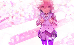 Rule 34 | 1girl, :d, absurdres, blazer, blush, brown eyes, brown hair, collared shirt, commentary request, flower, hair between eyes, hands up, highres, jacket, long sleeves, looking at viewer, open mouth, original, pantyhose, pleated skirt, purple jacket, purple pantyhose, purple skirt, school uniform, shirt, skirt, smile, solo, tarbo (exxxpiation), white flower, white shirt