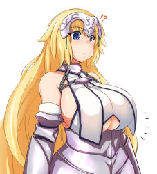 Rule 34 | !?, 1girl, :&lt;, adapted costume, armor, armored dress, blonde hair, blue eyes, breasts, chain, commentary request, fate/grand order, fate (series), fur trim, gauntlets, headpiece, huge breasts, isemagu, jeanne d&#039;arc (fate), jeanne d&#039;arc (ruler) (fate), jeanne d&#039;arc (third ascension) (fate), long hair, paizuri invitation, sideboob, simple background, solo, underboob, very long hair, white background