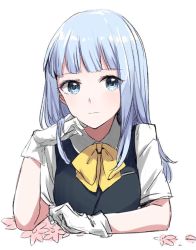 Rule 34 | 10s, 1girl, blue eyes, blue hair, blunt bangs, flower, gloves, hatsukaze (kancolle), hime cut, kantai collection, long hair, looking at viewer, morinaga miki, school uniform, simple background, solo, upper body, white gloves