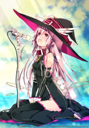 Rule 34 | 1girl, bare shoulders, black thighhighs, blush, collar, detached sleeves, hat, kaku-san-sei million arthur, long hair, microphone stand, million arthur (series), nimue (million arthur), official art, open mouth, pink hair, red eyes, refeia, sitting, solo, thighhighs, toeless legwear, toes, wariza, witch hat