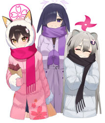 Rule 34 | 3girls, alternate costume, animal ear fluff, animal ears, black hair, black scarf, blue archive, brown eyes, closed eyes, closed mouth, coat, commentary request, cropped legs, crossed arms, floral print, fox hair ornament, gloves, glow (user hnpv7785), hair between eyes, hair over one eye, halo, highres, holding, izuna (blue archive), korean commentary, long hair, long sleeves, looking at viewer, michiru (blue archive), multiple girls, ninjutsu research club (blue archive), one eye covered, own hands together, pink coat, pink gloves, pink halo, purple coat, purple eyes, purple gloves, purple halo, scarf, simple background, smile, thick eyebrows, tsukuyo (blue archive), twintails, wavy mouth, white background, white coat, winter clothes