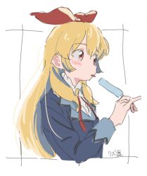 Rule 34 | 1girl, :p, aikatsu!, aikatsu! (series), blazer, blonde hair, blue jacket, blush, bow, cross tie, dobudouhu, eating, food, from side, hair behind ear, hair between eyes, hair bow, hand up, high collar, holding, holding food, holding ice cream, hoshimiya ichigo, ice cream, jacket, long hair, long sleeves, looking ahead, outside border, popsicle, red bow, red eyes, red ribbon, ribbon, school uniform, signature, simple background, sketch, solo, starlight academy school uniform, tareme, tongue, tongue out, upper body, white background