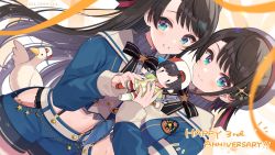 Rule 34 | 2girls, anniversary, black bow, black hair, black neckwear, blue headwear, blue jacket, blue shorts, blush, bow, bowtie, cropped jacket, doll, dual persona, hair ornament, highres, hololive, jacket, lace, lace-trimmed panties, lace trim, long hair, looking at viewer, midriff, multiple girls, navel, oozora subaru, oozora subaru (work), panties, shigure ui, shirt, short hair, short shorts, shorts, smile, striped clothes, striped shirt, subaru duck, suspender shorts, suspenders, underwear, virtual youtuber