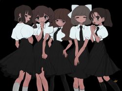 Rule 34 | 5girls, black background, black hair, black neckwear, black skirt, brown hair, collared shirt, earrings, feet out of frame, hand on own hip, hand up, highres, inata17ta, jewelry, long hair, medium hair, multiple girls, necktie, open mouth, original, own hands together, ponytail, puffy short sleeves, puffy sleeves, shirt, short sleeves, simple background, skirt, swept bangs, tears, twintails, white shirt