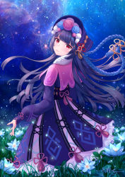 Rule 34 | 1girl, absurdres, benzi li, black hair, blunt bangs, capelet, chinese clothes, commentary request, eyeshadow, field, flower, flower field, from behind, genshin impact, hairband, head tilt, highres, lolita fashion, lolita hairband, long hair, long sleeves, looking at viewer, makeup, night, night sky, qi lolita, red eyes, sidelocks, sky, smile, solo, star (sky), starry sky, yun jin (genshin impact)