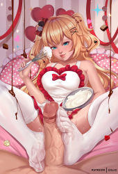 Rule 34 | 1girl, akai haato, apron, blonde hair, blue eyes, blush, censored, chocolate, exlic, feet, footjob, highres, hololive, long hair, looking at viewer, naked apron, parted lips, penis, precum, toes, twintails, virtual youtuber, whipped cream, white legwear