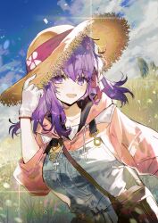 Rule 34 | 1girl, absurdres, bag, blue overalls, blue sky, brown bag, cloud, commentary, day, fate/grand order, fate (series), gloves, hair between eyes, hair ribbon, hat, highres, hood, hood down, hoodie, looking at viewer, matou sakura, open mouth, outdoors, overalls, pink hoodie, purple eyes, purple hair, red ribbon, ribbon, sky, sleeves rolled up, smile, solo, straw hat, sun hat, sunlight, white gloves, yakksan