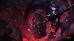Rule 34 | 1girl, alternate costume, armor, black armor, black hair, hammer, highres, league of legends, makeup, noxus poppy, official art, official wallpaper, pointy ears, poppy (league of legends), red eyes, solo, twintails, wallpaper