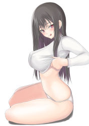 Rule 34 | 1girl, :q, black hair, blush, breasts, clothes lift, full body, large breasts, long hair, looking at viewer, muffin (sirumeria), naughty face, original, panties, red eyes, shirt lift, simple background, sitting, smile, solo, tongue, tongue out, underwear, undressing, white background, white panties, yokozuwari