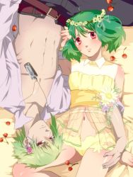 Rule 34 | 1boy, 1girl, abs, ahoge, alternate costume, belt, blush, brera sterne, brother and sister, cero (cerocero), cherry, flower, food, fruit, green hair, grey nails, hair ornament, hand on another&#039;s hip, head wreath, incest, looking at viewer, lying, macross, macross frontier, midriff, nail polish, navel, on back, open clothes, open shirt, ranka lee, red eyes, see-through, short hair, short shorts, shorts, siblings, upside-down