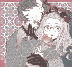 Rule 34 | 1boy, 1girl, beads, black gloves, black jacket, black ribbon, blouse, blue eyes, border, candy, dress, earrings, food, glasses, gloves, grey-framed eyewear, grey dress, hair ribbon, hanaze, hand on own face, hetero, holding, holding candy, holding food, holding lollipop, jacket, jewelry, lace, lace-trimmed dress, lace-trimmed sleeves, lace background, lace trim, lollipop, long sleeves, looking at viewer, medium hair, muted color, original, ornate ring, parted lips, pink border, red lips, ribbon, ring, round eyewear, shirt, short hair, sparkling eyes, stud earrings, two-tone dress, white hair