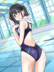 Rule 34 | 1girl, ass, awazake (2wairu), black hair, black one-piece swimsuit, blurry, blurry background, commentary request, competition swimsuit, dutch angle, grey eyes, highres, indoors, lane line, long hair, looking at viewer, looking back, one-piece swimsuit, original, pool, solo, standing, swimsuit, towel, towel around neck, two-tone swimsuit