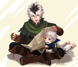 Rule 34 | 2boys, barefoot, black hair, boots, father and son, fire emblem, fire emblem fates, full body, gloves, hashiko (neleven), kana (fire emblem), kana (male) (fire emblem), multicolored hair, multiple boys, nintendo, open mouth, red eyes, shura (fire emblem), sitting, two-tone hair, white background, white hair