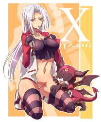 Rule 34 | 1girl, arai nobu, bad id, bad pixiv id, bottomless, breasts, chloe fleurage, demon, dog tags, fang, fingerless gloves, frode grim-reaper, gloves, hood, jacket, large breasts, long hair, looking at viewer, navel, no panties, open mouth, original, red eyes, shiny skin, shoes, short hair, silver hair, sitting, smile, sneakers, solo, striped clothes, striped thighhighs, tail, thighhighs, undressing, wings