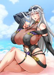 Rule 34 | 1girl, bare shoulders, beach, blush, breasts, highres, huge breasts, long hair, looking at viewer, magisa (granblue fantasy), musashino sekai, open mouth, red eyes, silver hair, sitting, solo