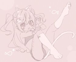 Rule 34 | 1girl, animal ears, bare shoulders, blush, body writing, brown background, cat ears, cat girl, cat tail, commentary, fang, full body, hair between eyes, hand on own knee, hands up, jigatei (omijin), kneehighs, leg up, long hair, looking at viewer, monochrome, no shoes, open mouth, original, romaji text, shoe soles, simple background, socks, solo, symbol-only commentary, tail, two side up, very long hair