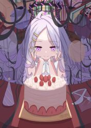Rule 34 | 1girl, ahoge, bare shoulders, birthday cake, blue archive, cake, closed mouth, demon girl, demon horns, dress, expeddddd, food, hair ornament, halo, hands on own cheeks, hands on own face, highres, hina (blue archive), horns, looking at object, purple eyes, sleeveless, smile, solo, white dress, white hair
