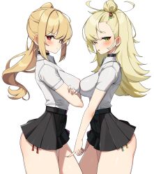 2girls ;o absurdres alternate_costume black_choker black_skirt blonde_hair breast_press bright_pupils choker closed_mouth collared_shirt contrapposto covered_erect_nipples cowboy_shot crossed_arms earrings from_side frown green_eyes hair_bun hair_ornament hand_on_another&#039;s_thigh high-waist_skirt highres jewelry long_hair looking_at_viewer luciana_de_montefio miniskirt multiple_girls no_bra one_eye_closed panties parted_lips piper_wheel pleated_skirt red_eyes second-party_source shirt shirt_tucked_in short_sleeves side-tie_panties side-tie_peek side_ponytail sidelocks simple_background skirt standing stud_earrings symmetrical_docking thick_eyebrows thighs underwear v-shaped_eyebrows w.k white_background white_shirt yuri zenless_zone_zero