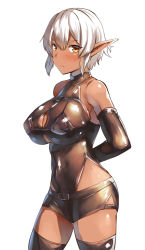 Rule 34 | 1girl, bad id, bad nicoseiga id, belko, blush, breasts, cleavage, cleavage cutout, closed mouth, clothing cutout, cowboy shot, dark-skinned female, dark elf, dark skin, de-chan (belko), elbow gloves, elf, gloves, large breasts, leotard, looking at viewer, original, pointy ears, short hair, short shorts, shorts, sidelocks, simple background, solo, thighhighs, tsurime, turtleneck, white background, white hair, yellow eyes