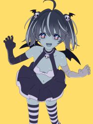 Rule 34 | + +, 1girl, 3d, ahoge, asymmetrical gloves, bat hair ornament, bat wings, black gloves, black skirt, black thighhighs, blender (medium), bright pupils, cel shading, claw pose, colored skin, cowboy shot, dot nose, elbow gloves, fang, gloves, grey hair, grey skirt, hair ornament, halloween, halloween costume, hands up, highres, light blush, looking at viewer, medium hair, mismatched gloves, multicolored eyes, multicolored hair, navel, open mouth, pink eyes, purple eyes, rinne (rinrinne), rinrinne, rinrinne39 (artist), short twintails, simple background, skirt, skull hair ornament, smile, solo, standing, stitches, streaked hair, striped clothes, striped thighhighs, thighhighs, twintails, two-tone thighhighs, v-shaped eyebrows, virtual youtuber, white gloves, white pupils, white thighhighs, wings, yellow background